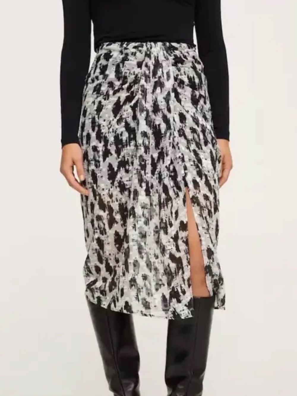 XS Mango Flocked Skirt in Black White & Silver Sheer with Gathered Waist Detail